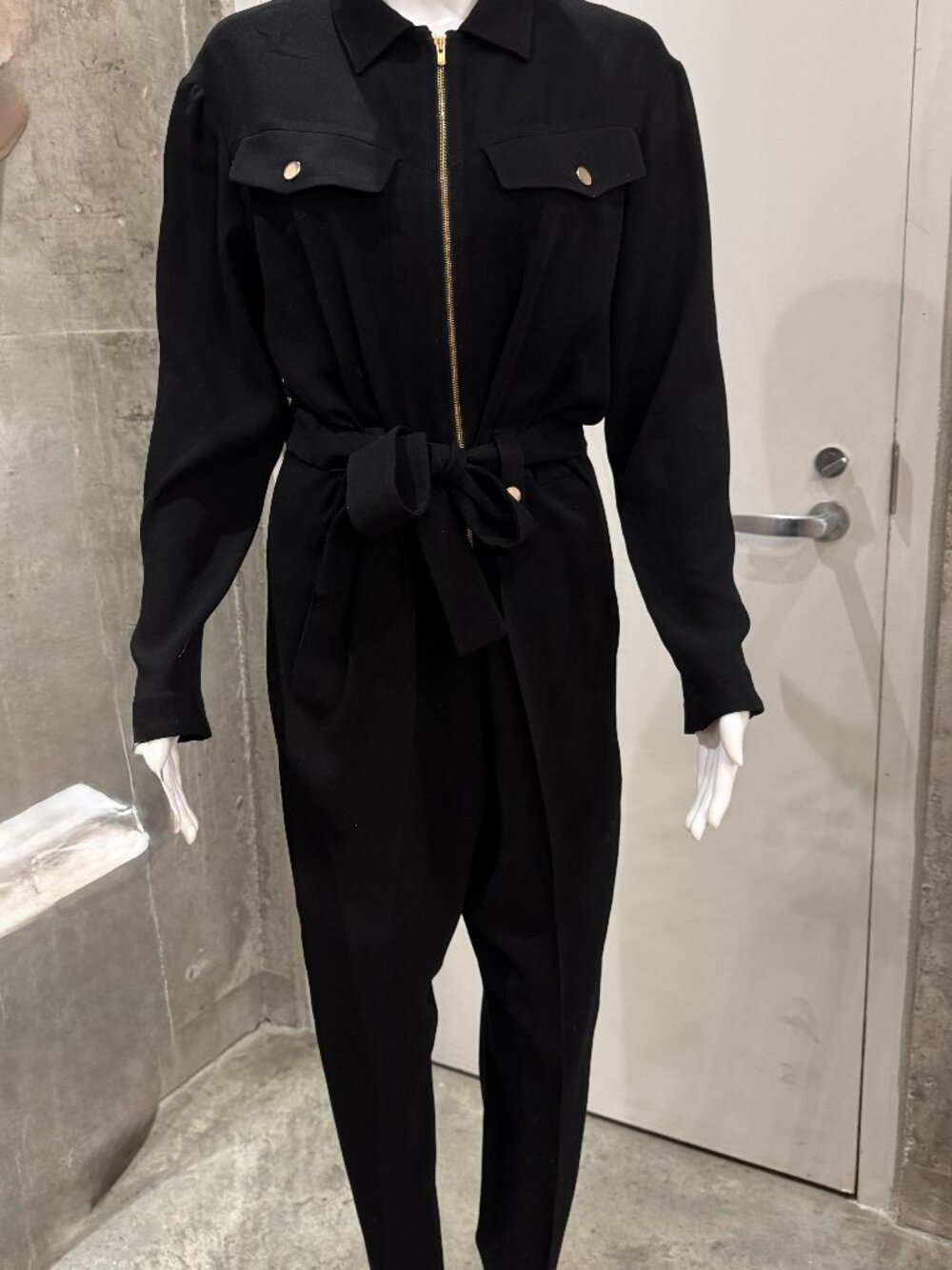 Maje Black Crepe Utility Jumpsuit Gold Zip Long Sleeve Tie Waist (Size 40)